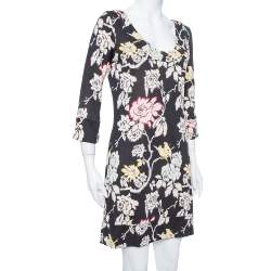 Pre Owned Diane von Furstenberg Black Floral Printed Silk Knit Shift Dress L