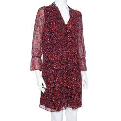 Pre Owned Diane von Furstenberg Red & Navy Blue Silk Pintuck Detail Kourtini Shift Dress M