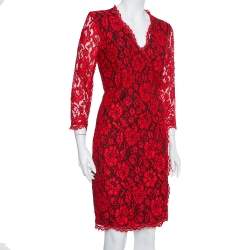 Pre Owned Diane Von Furstenberg Red Lace Scallop Detail Wrap Dress M