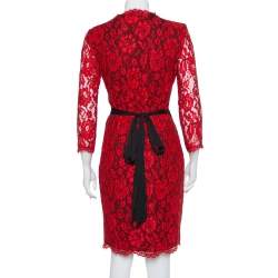 Pre Owned Diane Von Furstenberg Red Lace Scallop Detail Wrap Dress M