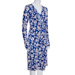 Pre Owned Diane Von Furstenberg Blue Floral Printed Knit Midi Wrap Dress M