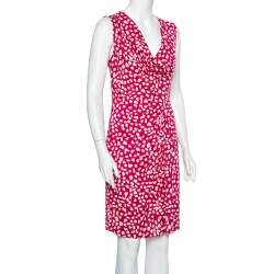 Pre Owned Diane Von Furstenberg  Pink  Printed Knit Draped Neo Dress L