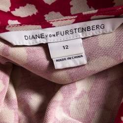 Pre Owned Diane Von Furstenberg  Pink  Printed Knit Draped Neo Dress L