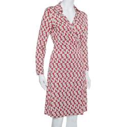 Pre Owned Diane Von Furstenberg Cream & Red Knit Logo Printed New Jeanne Wrap Dress L