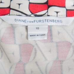 Pre Owned Diane Von Furstenberg Cream & Red Knit Logo Printed New Jeanne Wrap Dress L