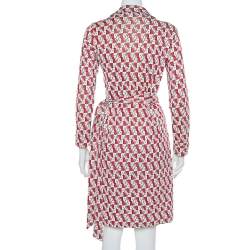 Pre Owned Diane Von Furstenberg Cream & Red Knit Logo Printed New Jeanne Wrap Dress L