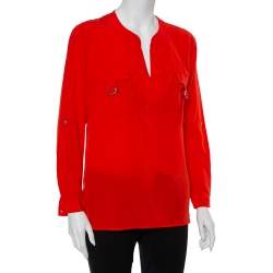 Pre Owned Diane Von Furstenberg Red Silk Pocket Detail Danielle Top S