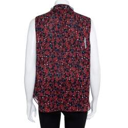 Pre Owned Diane Von Furstenberg Red & Navy Blue Printed Silk Neck Tie Detail Fernanda Tank Top L