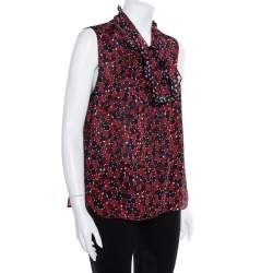 Pre Owned Diane Von Furstenberg Red & Navy Blue Printed Silk Neck Tie Detail Fernanda Tank Top L