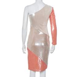Diane Von Furstenberg Color Block Sequin Embellished Silk One Shoulder Midi Dress XS