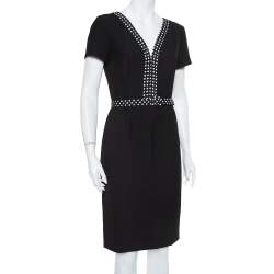 Pre Owned Diane Von Furstenberg Black Knit Contrast Trim Detail Belted Maisie Dress M