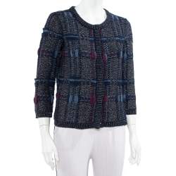 Pre Owned Diane Von Furstenberg Navy Blue Lurex Knit Button Font Hurleigh Cardigan S
