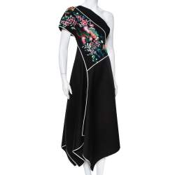 Pre Owned Diane Von Furstenberg Black Synthetic Embroidered One Shoulder Ottoman Dress XS