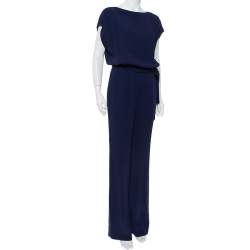 Pre Owned Diane Von Furstenberg Navy Blue Crepe Boat Neck Belted Sandra Jumpsuit M