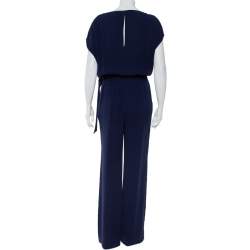 Pre Owned Diane Von Furstenberg Navy Blue Crepe Boat Neck Belted Sandra Jumpsuit M