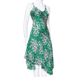 Pre Owned Diane Von Furstenberg Green Animal printed Silk Asymmetric Hem Midi Dress M