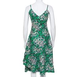 Pre Owned Diane Von Furstenberg Green Animal printed Silk Asymmetric Hem Midi Dress M