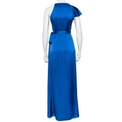 Diane Von Furstenberg Royal Blue Satin Ruffled Wrap Long Dress S