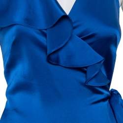 Pre Owned Diane Von Furstenberg Royal Blue Satin Ruffled Wrap Long Dress S