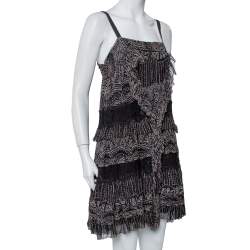 Pre Owned Diane Von Furstenberg Black Printed Silk Lace Trim Detail Tiered Taleen Mini Dress M