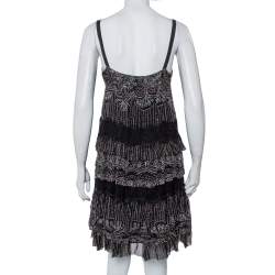 Pre Owned Diane Von Furstenberg Black Printed Silk Lace Trim Detail Tiered Taleen Mini Dress M