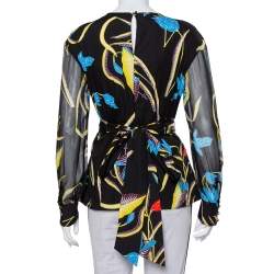 Pre Owned Diane Von Furstenberg Black Printed Cotton & Silk Waist Tie Detail Top M