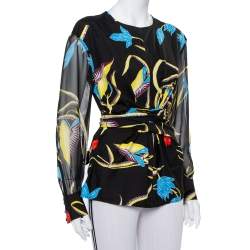 Pre Owned Diane Von Furstenberg Black Printed Cotton & Silk Waist Tie Detail Top M