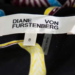 Pre Owned Diane Von Furstenberg Black Printed Cotton & Silk Waist Tie Detail Top M