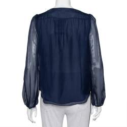 Pre Owned Diane Von Furstenberg Navy Blue Silk Embroidered Plunge Neck Maslyn Top S