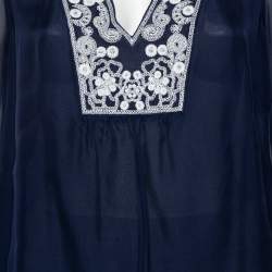 Pre Owned Diane Von Furstenberg Navy Blue Silk Embroidered Plunge Neck Maslyn Top S