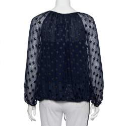 Pre Owned Diane von Furstenberg Navy Blue Star Pattern Fil Coupe Waist Tie Detail Top S