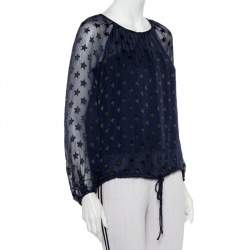Pre Owned Diane von Furstenberg Navy Blue Star Pattern Fil Coupe Waist Tie Detail Top S