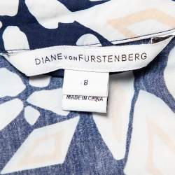 Pre Owned Diane Von Furstenberg Navy Blue Printed Cotton Belted Scarlet Mini Dress M