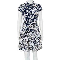 Pre Owned Diane Von Furstenberg Navy Blue Printed Cotton Belted Scarlet Mini Dress M