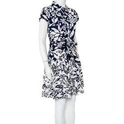 Pre Owned Diane Von Furstenberg Navy Blue Printed Cotton Belted Scarlet Mini Dress M