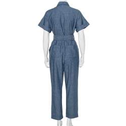 Pre Owned Diane Von Furstenberg Blue Cotton Button Front Belted Jumpsuit S