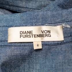 Pre Owned Diane Von Furstenberg Blue Cotton Button Front Belted Jumpsuit S