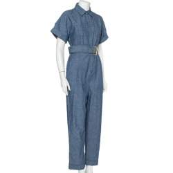 Pre Owned Diane Von Furstenberg Blue Cotton Button Front Belted Jumpsuit S