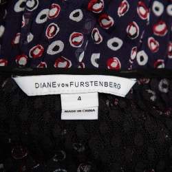 Pre Owned Diane Von Furstenberg Navy Blue Printed Silk & Tulle Paneled Jamie Dress S