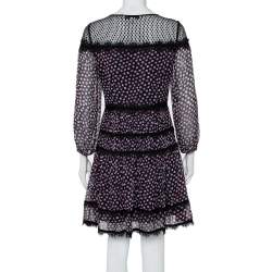 Pre Owned Diane Von Furstenberg Navy Blue Printed Silk & Tulle Paneled Jamie Dress S