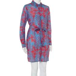 Pre Owned Diane Von Furstenberg Blue Printed Cotton Belted Mykonos Breeze Shirt Dress S