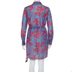 Pre Owned Diane Von Furstenberg Blue Printed Cotton Belted Mykonos Breeze Shirt Dress S