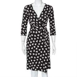 Pre Owned Diane von Furstenberg Monochrome Printed Silk Knit New Julian Wrap Dress M