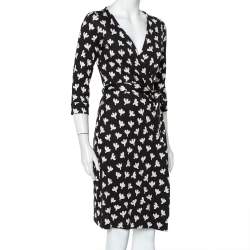 Pre Owned Diane von Furstenberg Monochrome Printed Silk Knit New Julian Wrap Dress M