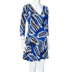 Pre Owned Diane Von Furstenberg Blue Printed Silk Knit Kaden Dress M