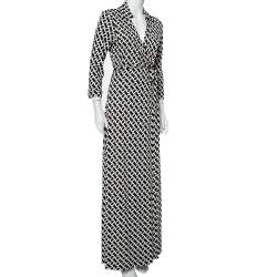 Pre Owned Diane Von Furstenberg Monochrome Silk Abigail Maxi Wrap Dress L