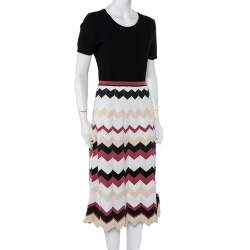 Pre Owned Diane Von Furstenberg Black Knit Chevron Pattern Paneled Gaia Midi Dress M
