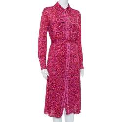 Pre Owned Diane Von Furstenberg Pink Floral Printed Mesh Button Front Belted Midi Dress M