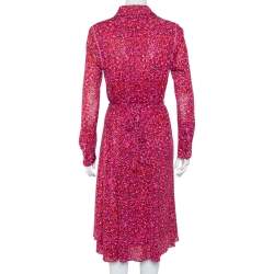 Pre Owned Diane Von Furstenberg Pink Floral Printed Mesh Button Front Belted Midi Dress M