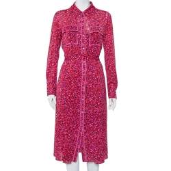 Pre Owned Diane Von Furstenberg Pink Floral Printed Mesh Button Front Belted Midi Dress M